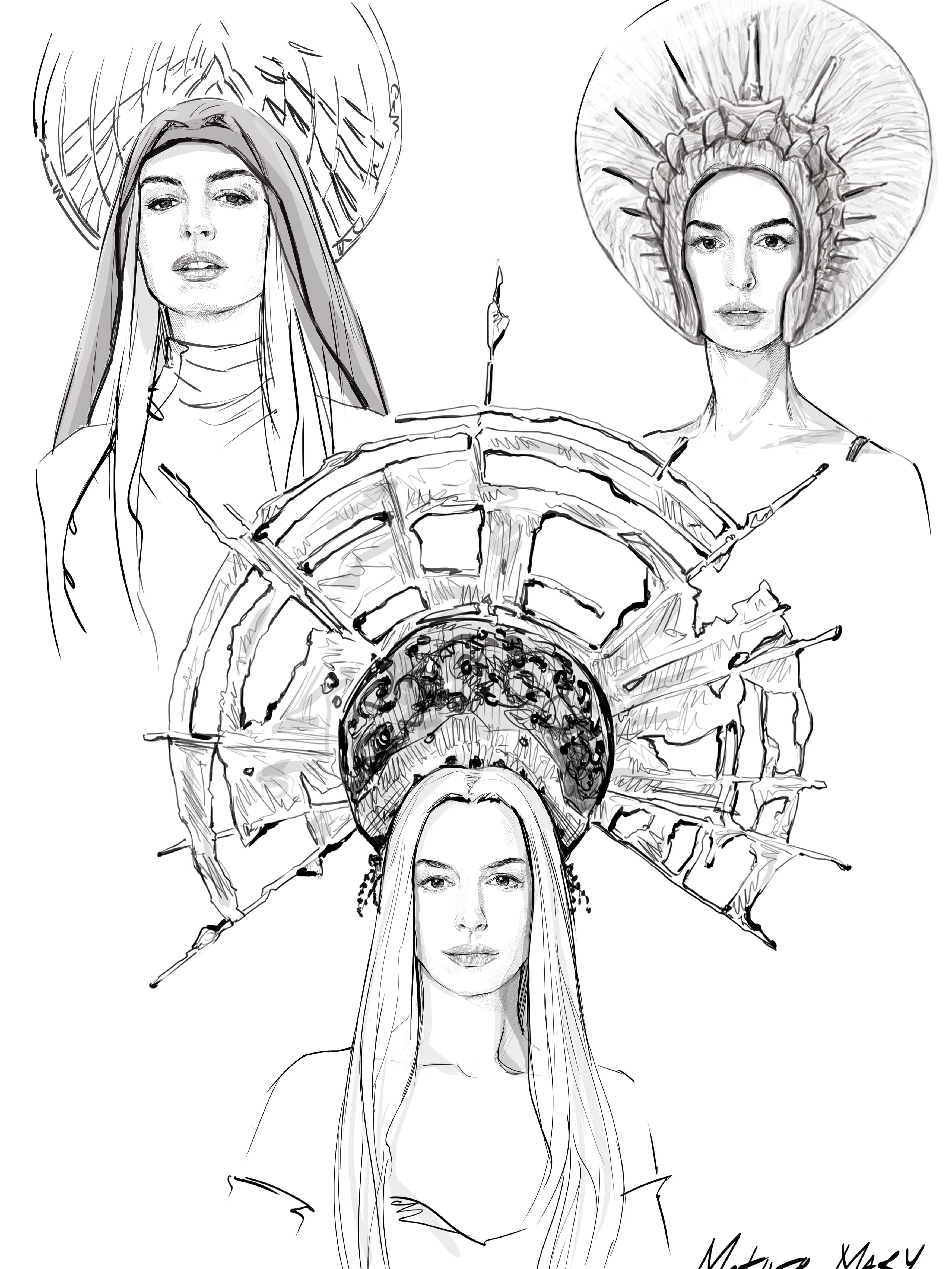 Bina Daigeler sketches for the character's signature headpiece look.