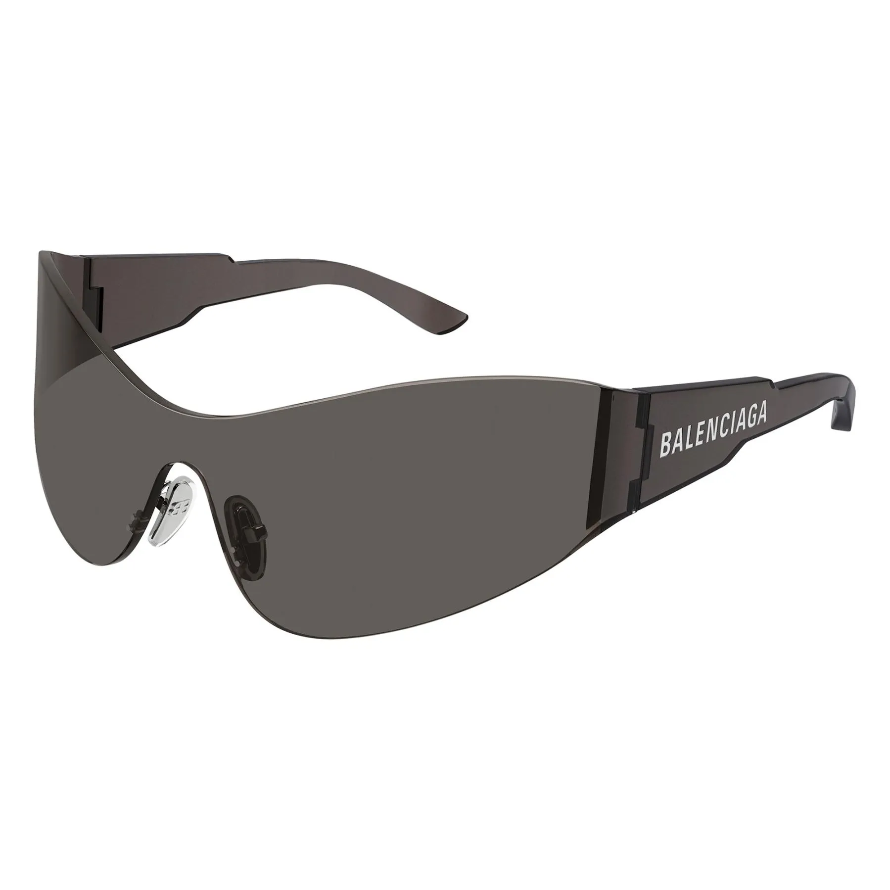 The Balenciaga 99MM Mono Mask Rimless Sunglasses against a white background