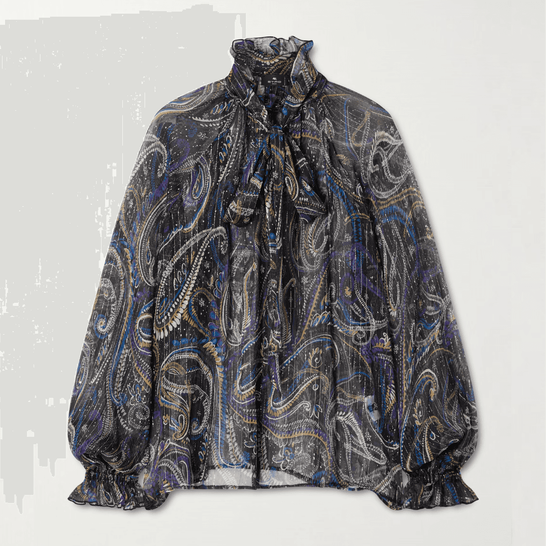 ETRO Pussy-bow printed metallic silk-crepon blouse
