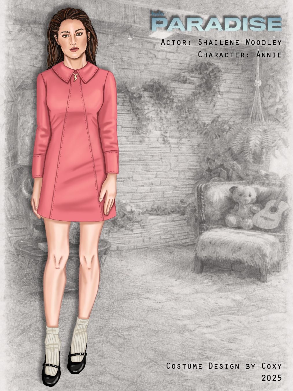 Coxy's sketch of Annie's (Shailene Woodley) Priscilla dress for "Paradise" season two.