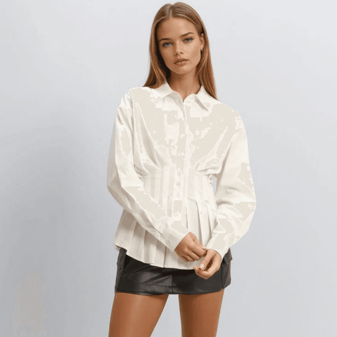 A model wearing the Forever 21 Pleated Poplin Peplum Shirt in white with a black mini skirt