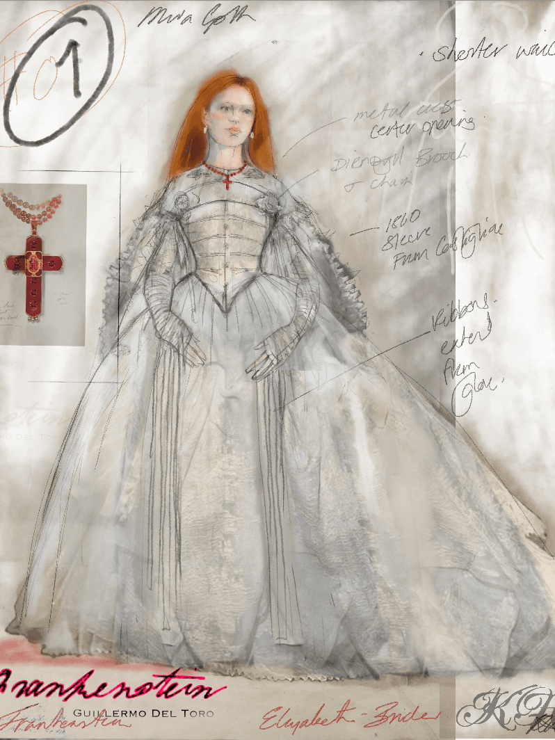 A paper sketch of Mia Goth's wedding dress in the film "Frankenstein" including notes from costume designer Kate Hawley.