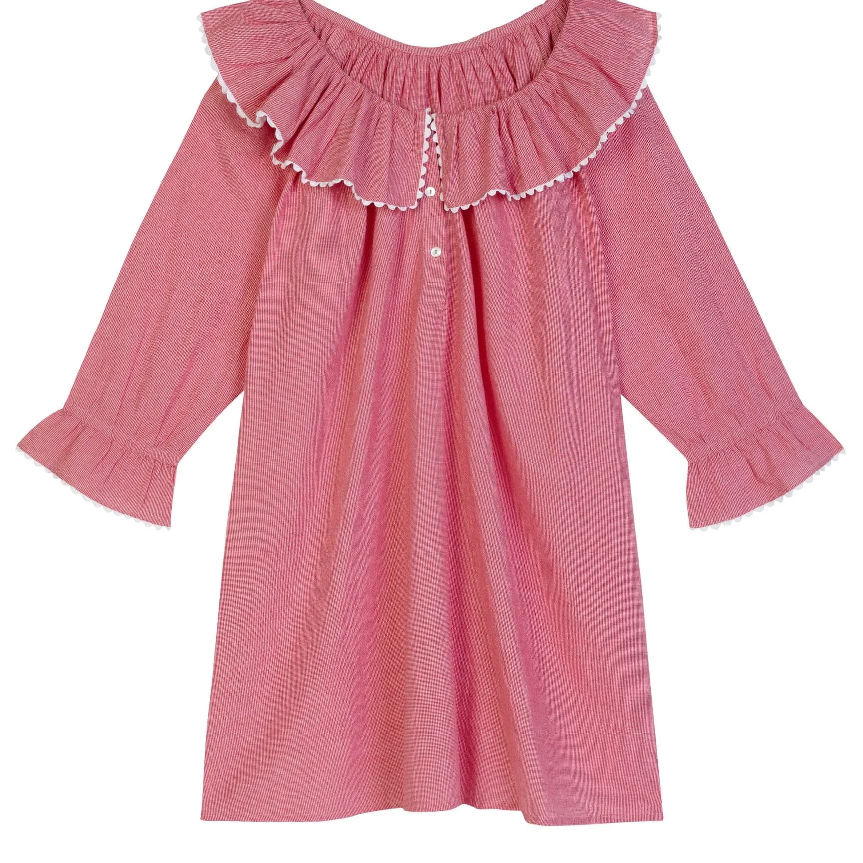 A red gingham frilly nightgown with a big collar against a white background