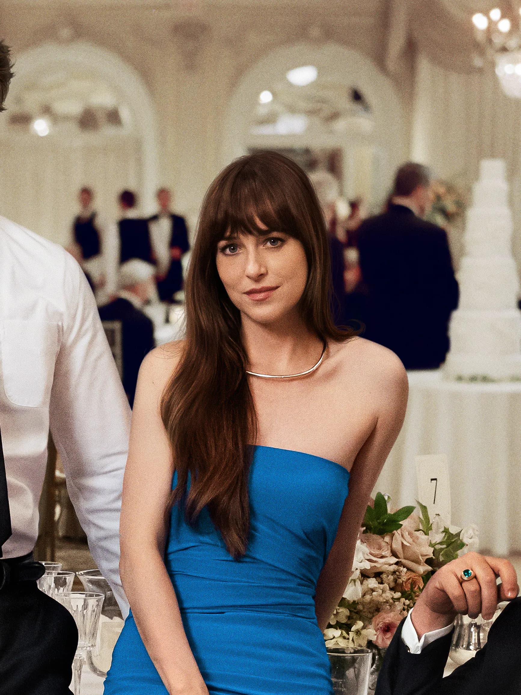 (L-R) Chris Evans, Dakota Johnson, and Pedro Pascal in "Materialists"