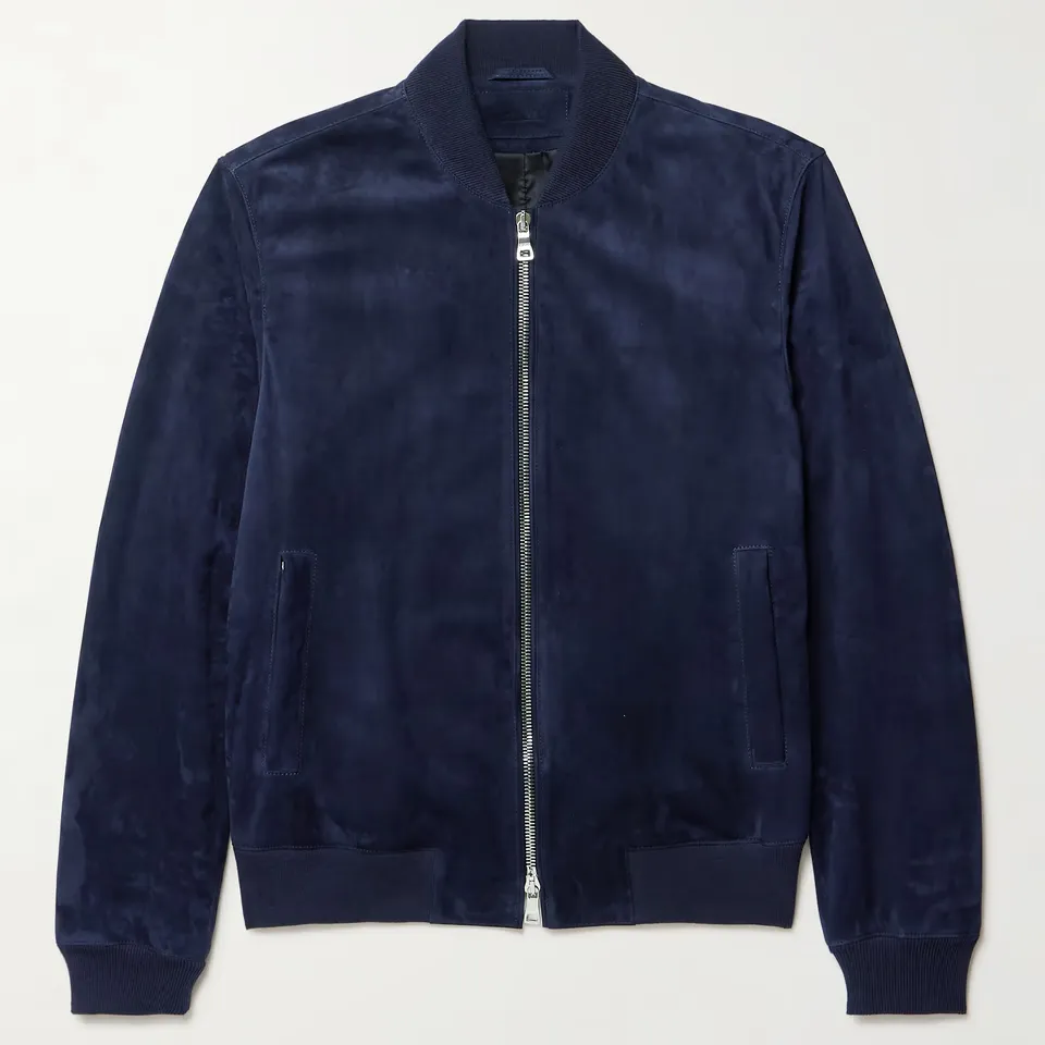A suede navy blue bomber jacket against a white background