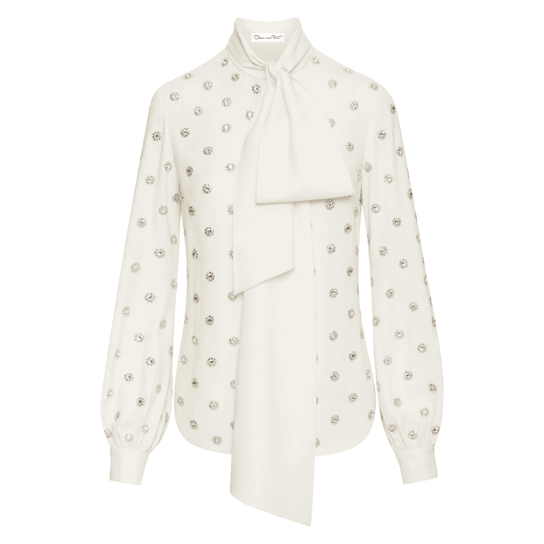 Oscar de la Renta crystal-embellished tie-neck blouse against a white background