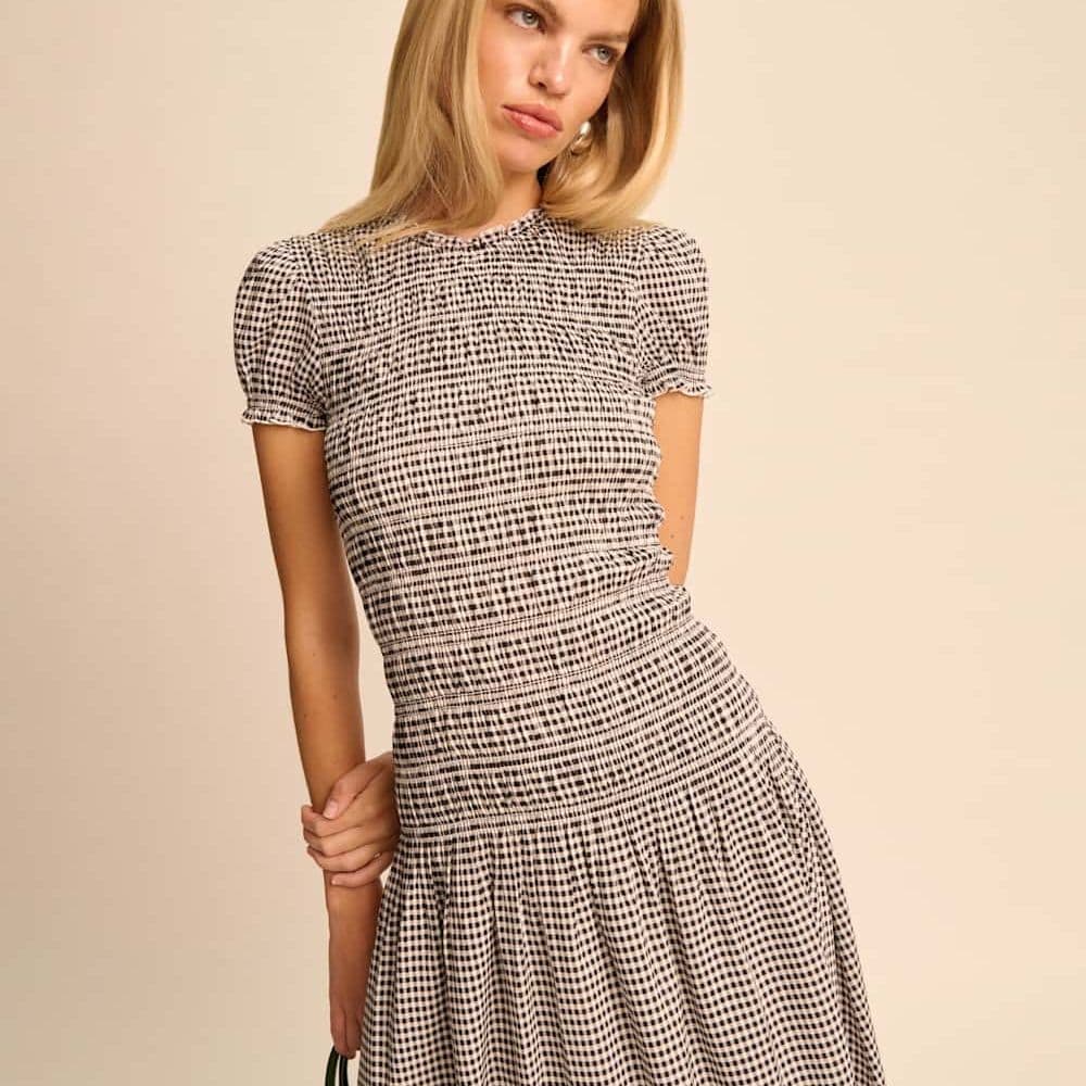 Brown and cream gingham Reformation Kiria Dress