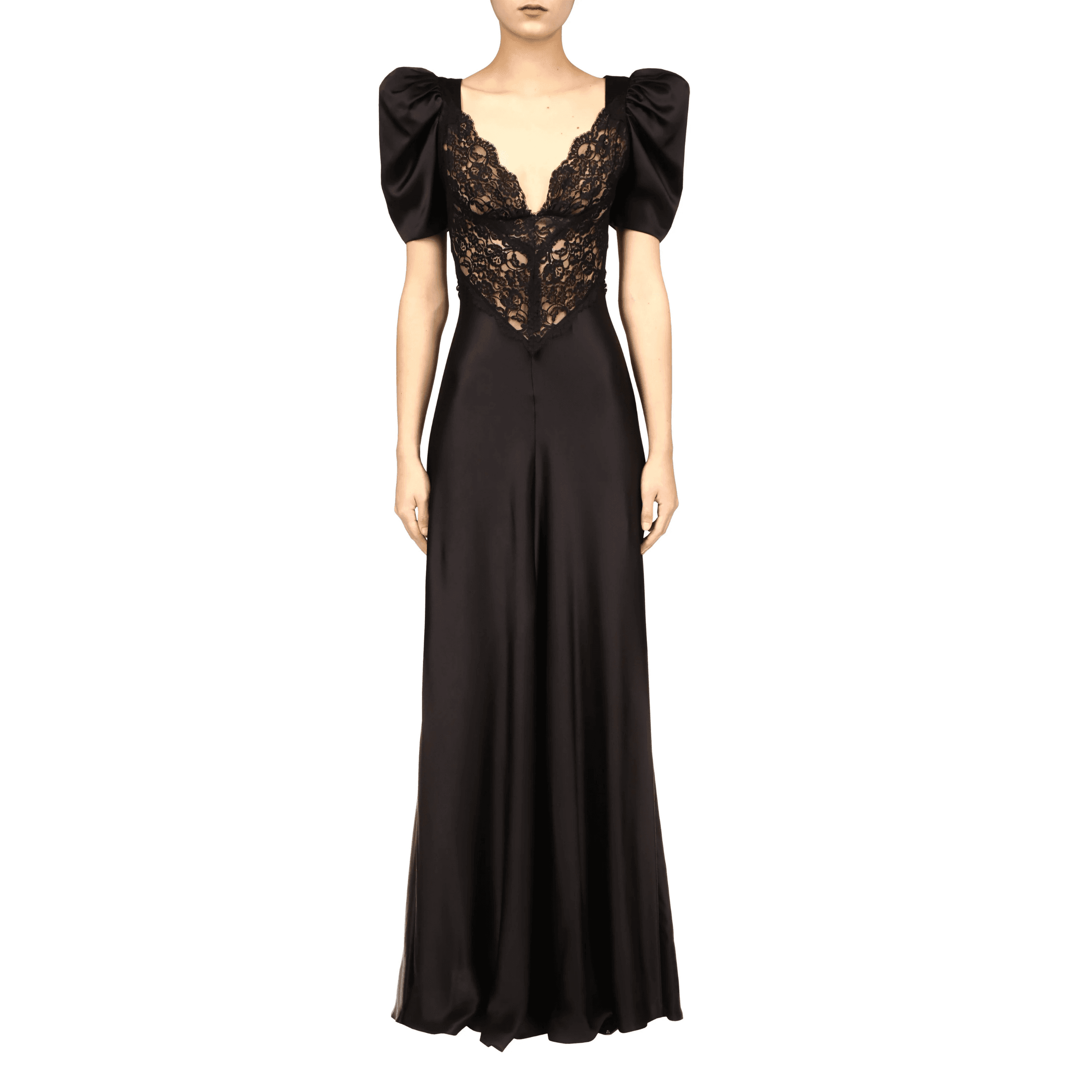 Rodarte BLACK SILK SHORT SLEEVE GOWN WITH BLACK LACE DETAILS
