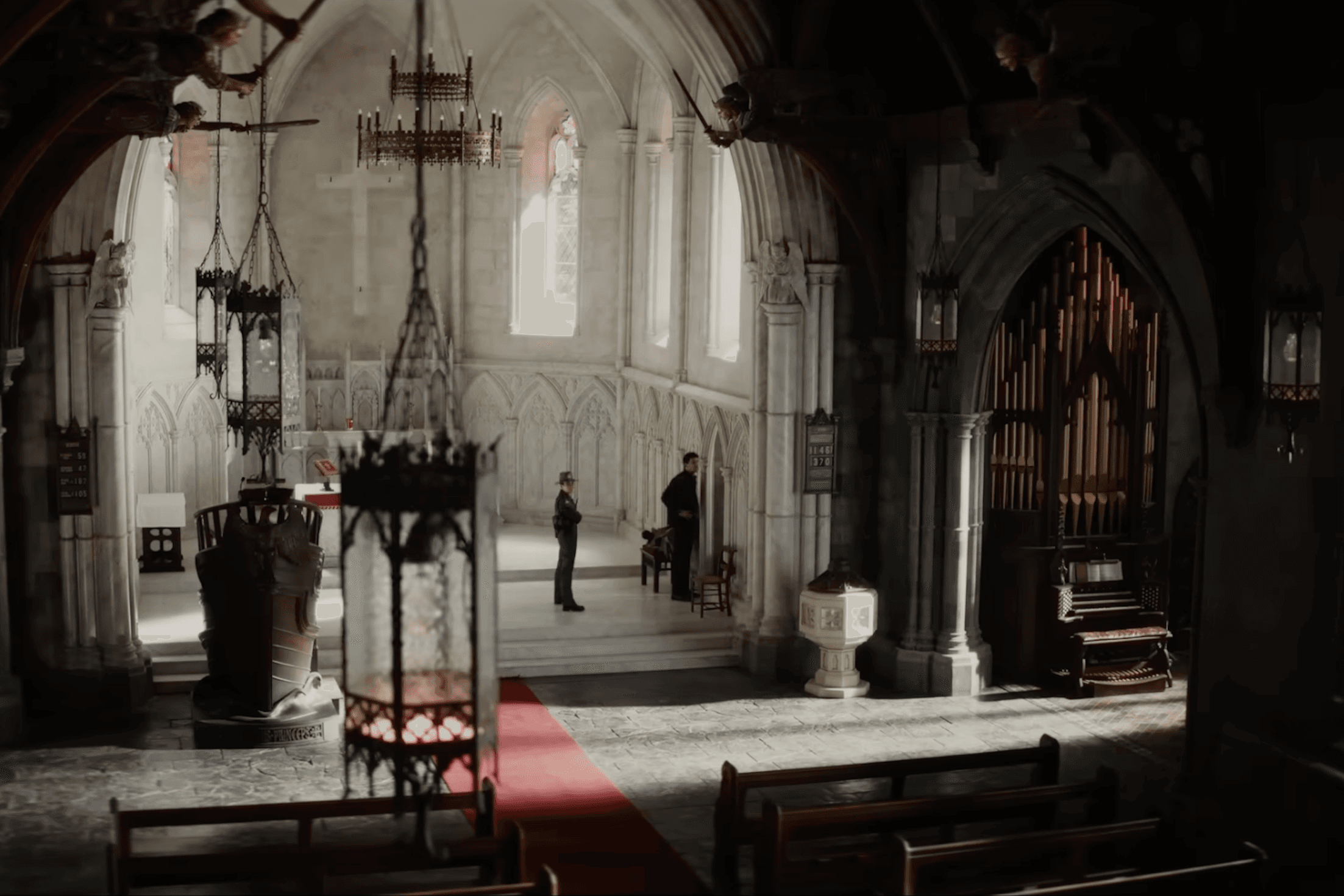 High angle shot of interior of church in "Wake Up Dead Man: A Knives Out Mystery."