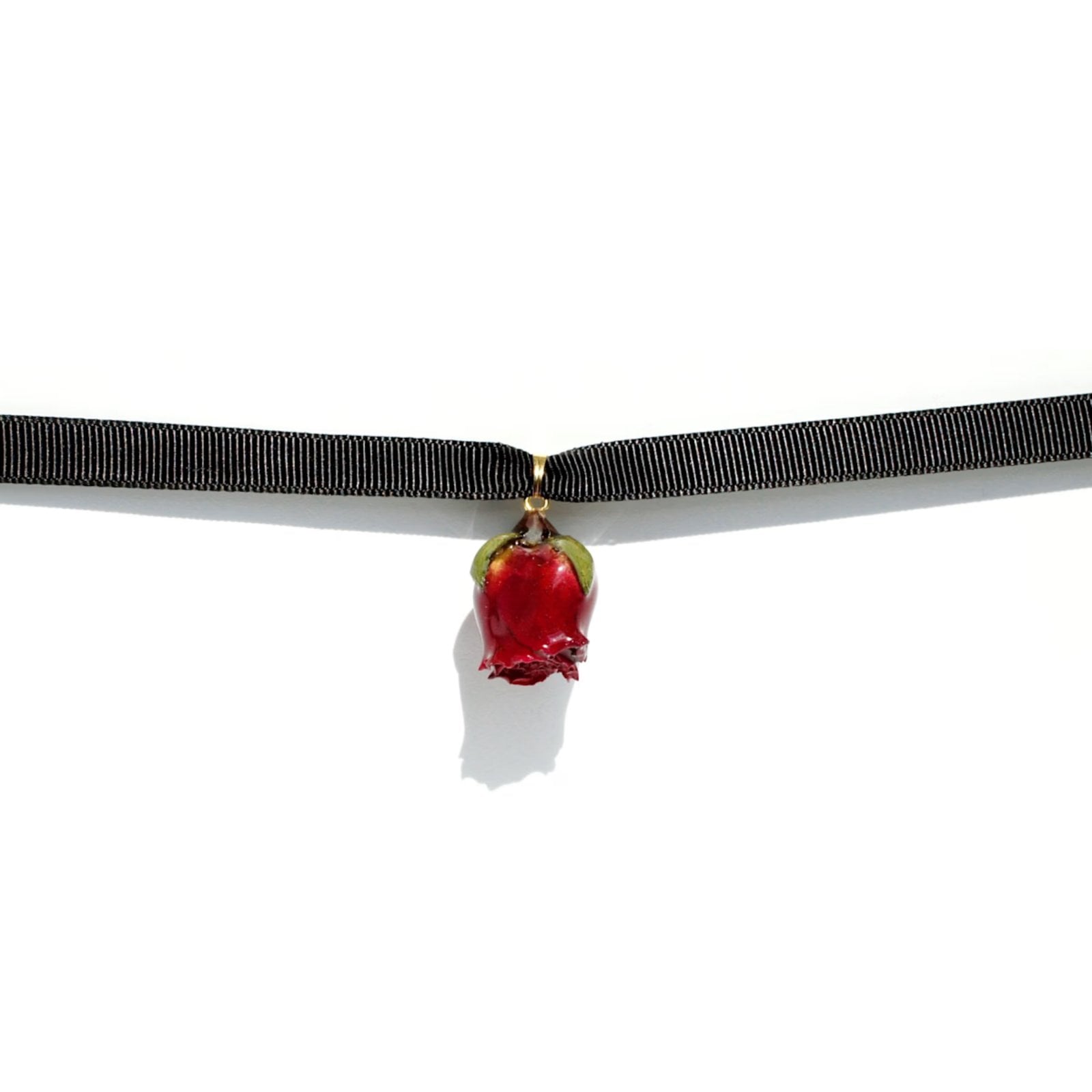 Wolf & Badger Real Flower Grande Amore Rosebud Black Ribbon Choker Necklace