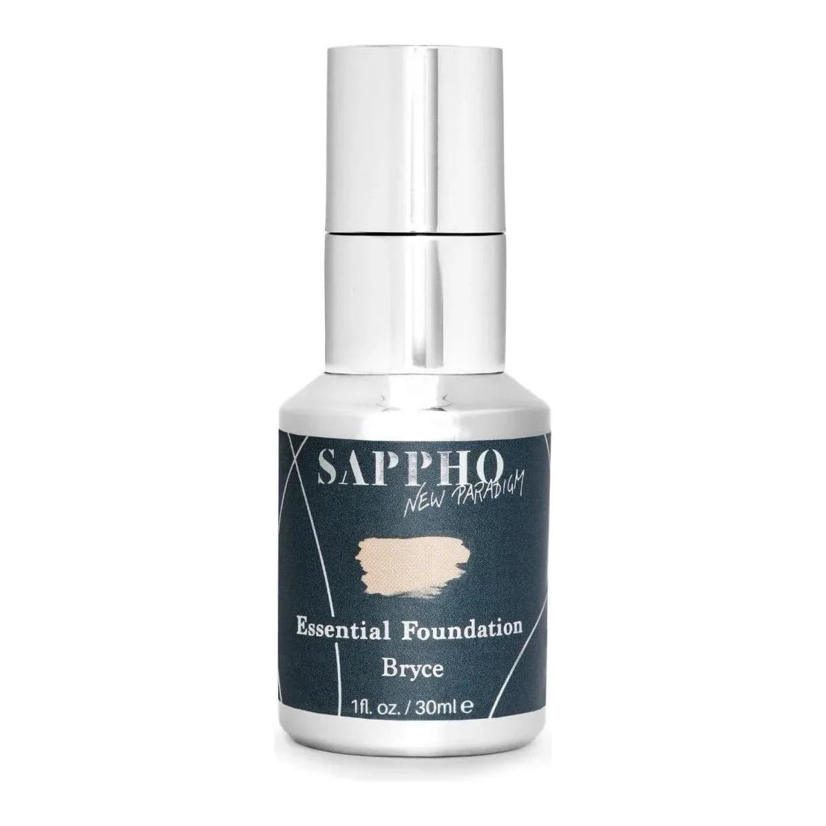 a silver bottle of Sappho foundation with a navy blue label
