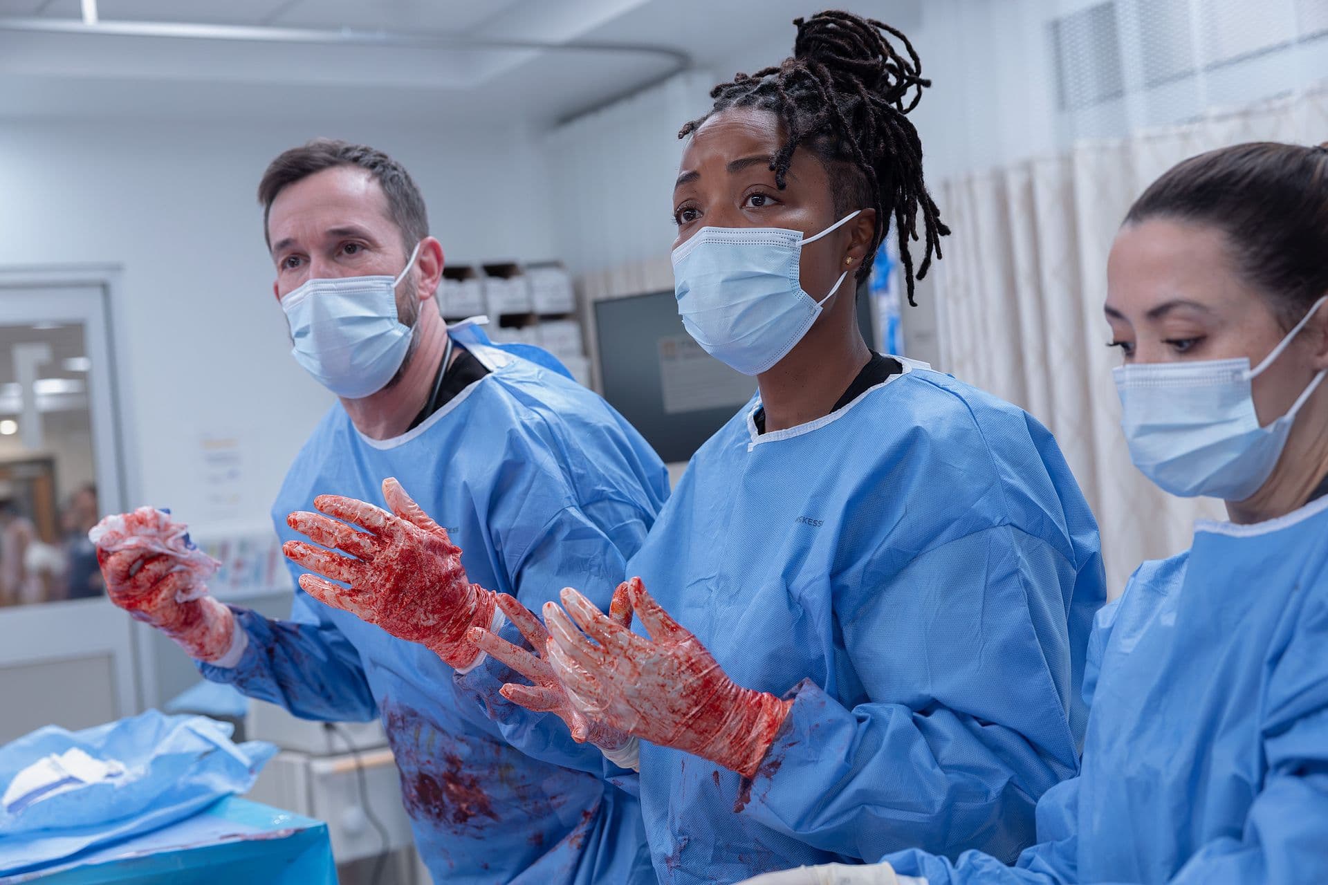 Noah Wyle, Ayesha Harris, and Amber Martinez in "The Pitt."