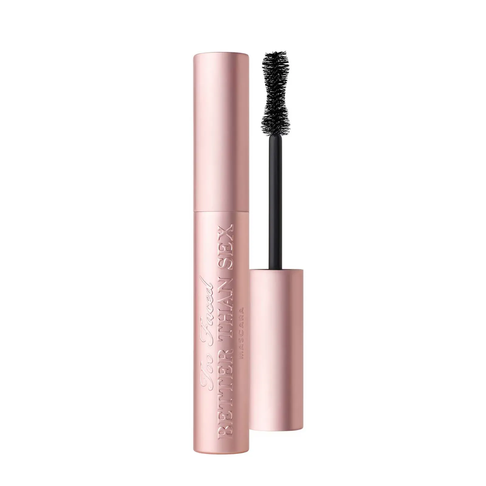 An open tube of Too Faced Better Than Sex Mascara, which is metallic pink in color, against a white background.